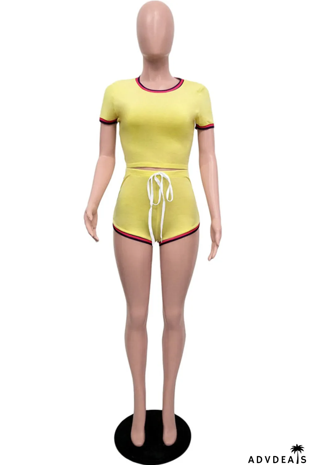 Yellow Fashion Casual Striped Solid Split Joint O Neck Short Sleeve Two Pieces