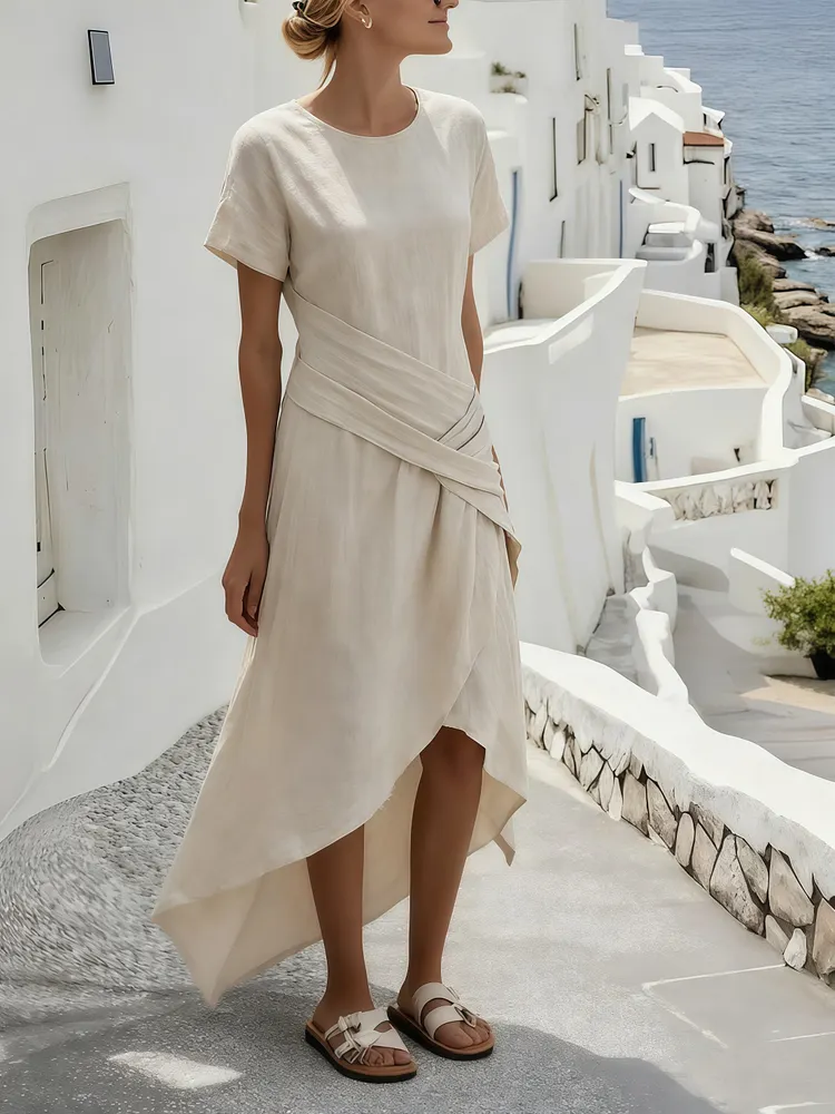 Women's Summer Round Neck Irregular Pleated Dress 