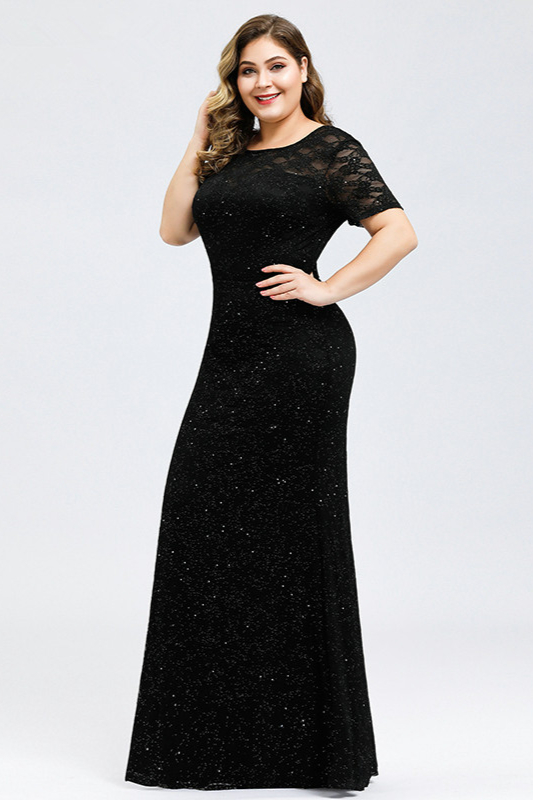 Sparkle Short Sleeve Black Lace Evening Gowns Mermaid Prom Dress With ...