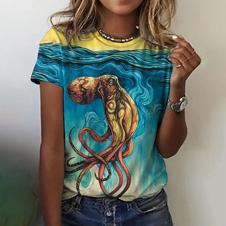 Vefave Casual Octopus Print Short Sleeve T-Shirt