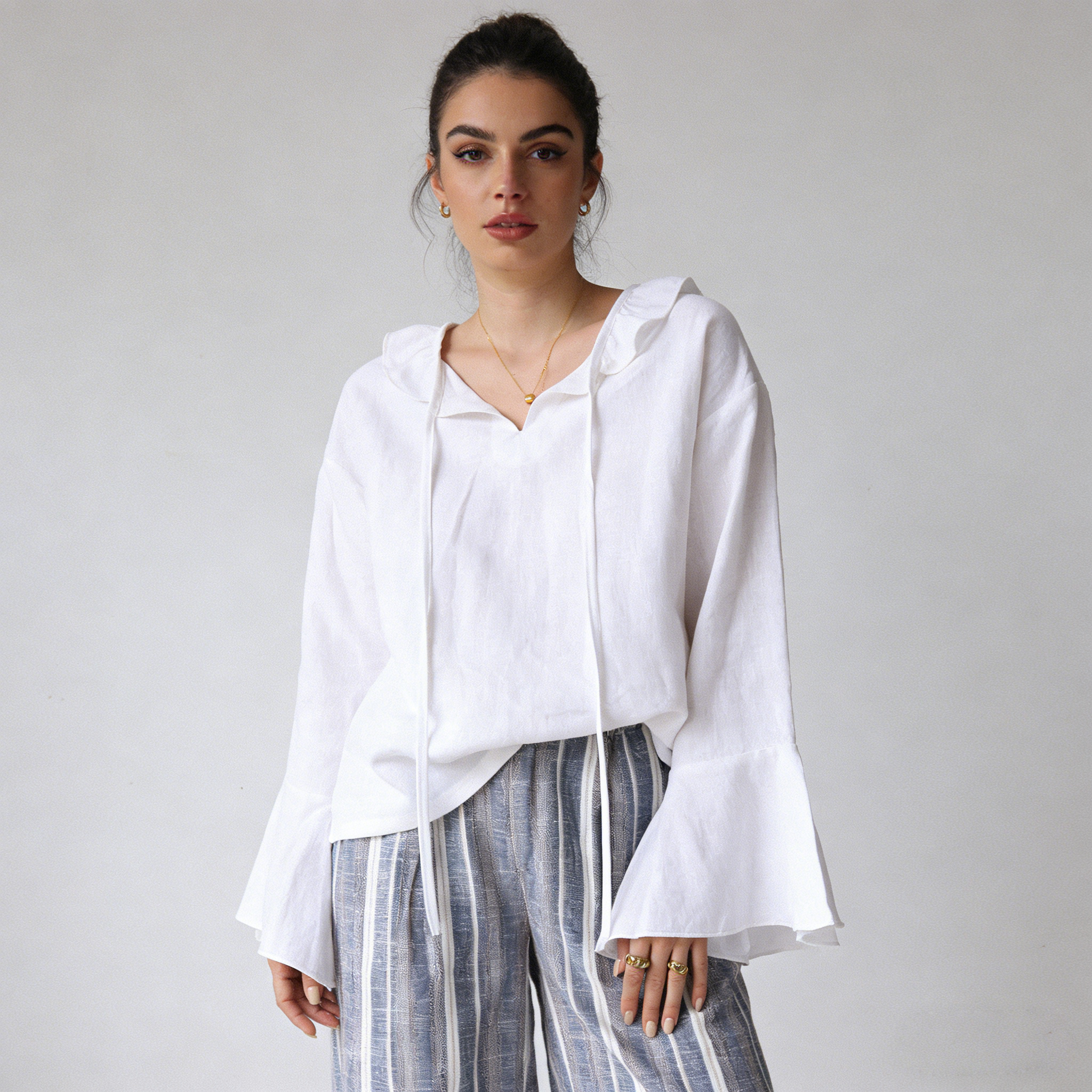 Linen Blouse Women 100% Linen Ruffle Tie Neck Bell Sleeve Top REAL SILK LIFE