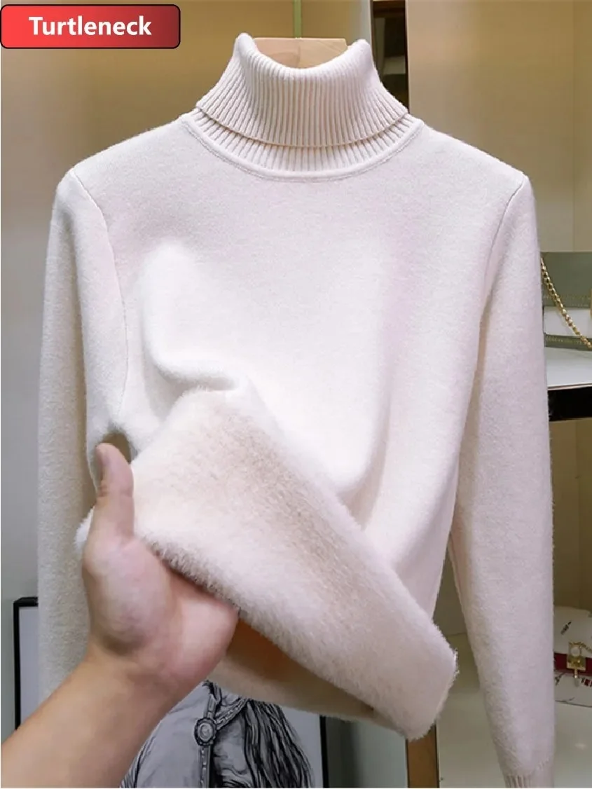 Uveng Warm Sweater Pullover Women Slim Thicken Plush Velvet Lined Knitwear Jumper Korean Half Turtleneck Poleras Soft Knit Tops