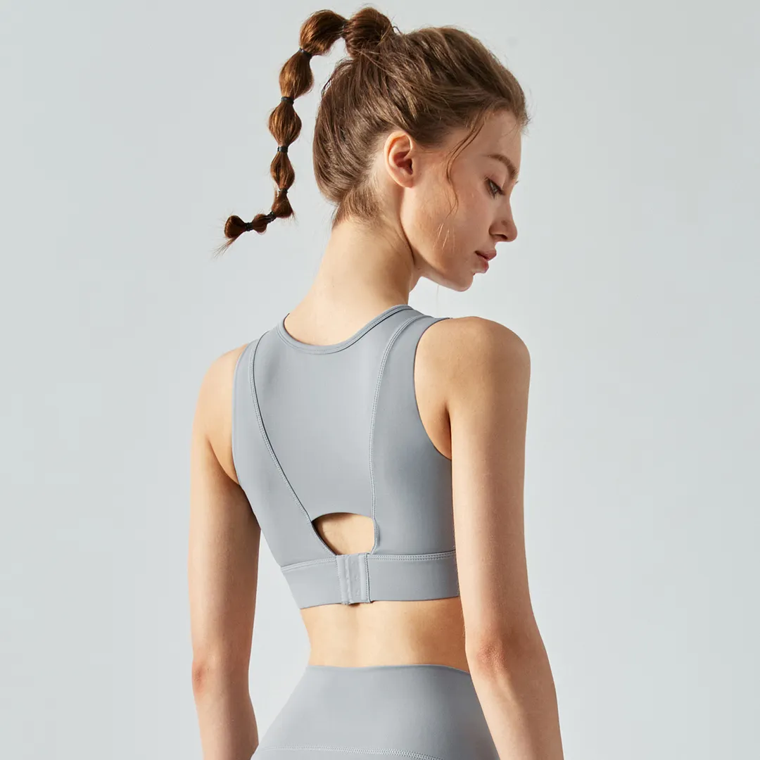 Buy Hergymclothing Rhino Gray 2 in 1 hollow-out straps high support push up sports bra with removable pads at an affordable price
