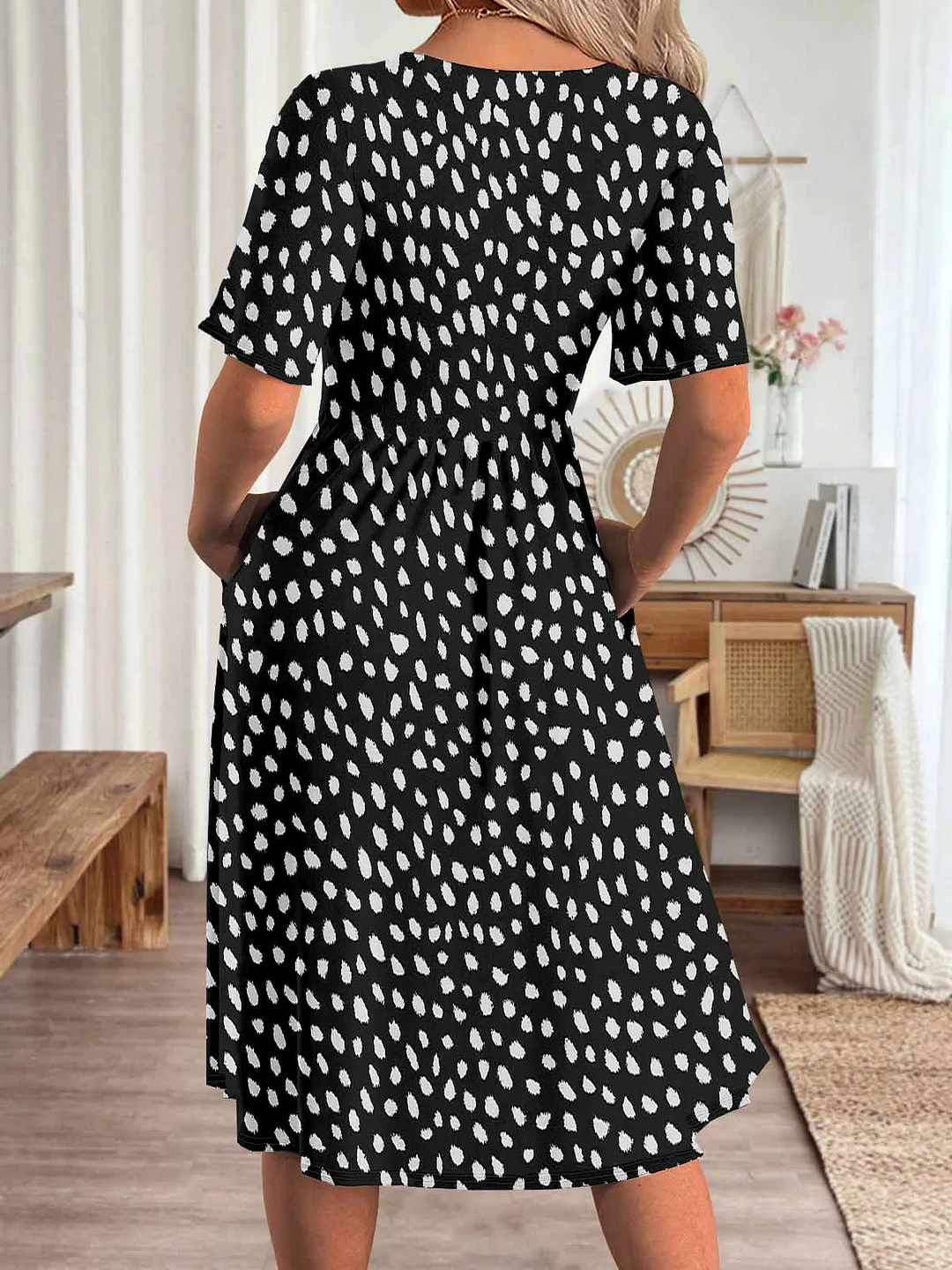 Women Polka Dot,Black DZHA8151 Short Sleeve Scoop Neck Graphic Printed Hollow Midi Dress