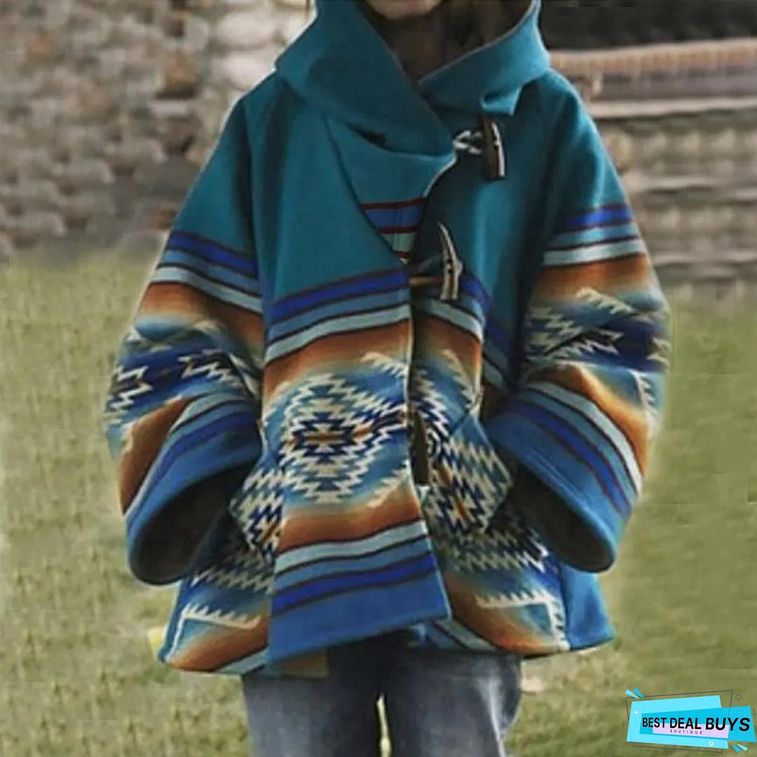 Women's Winter Loose Retro Printed Woolen Colors Coats