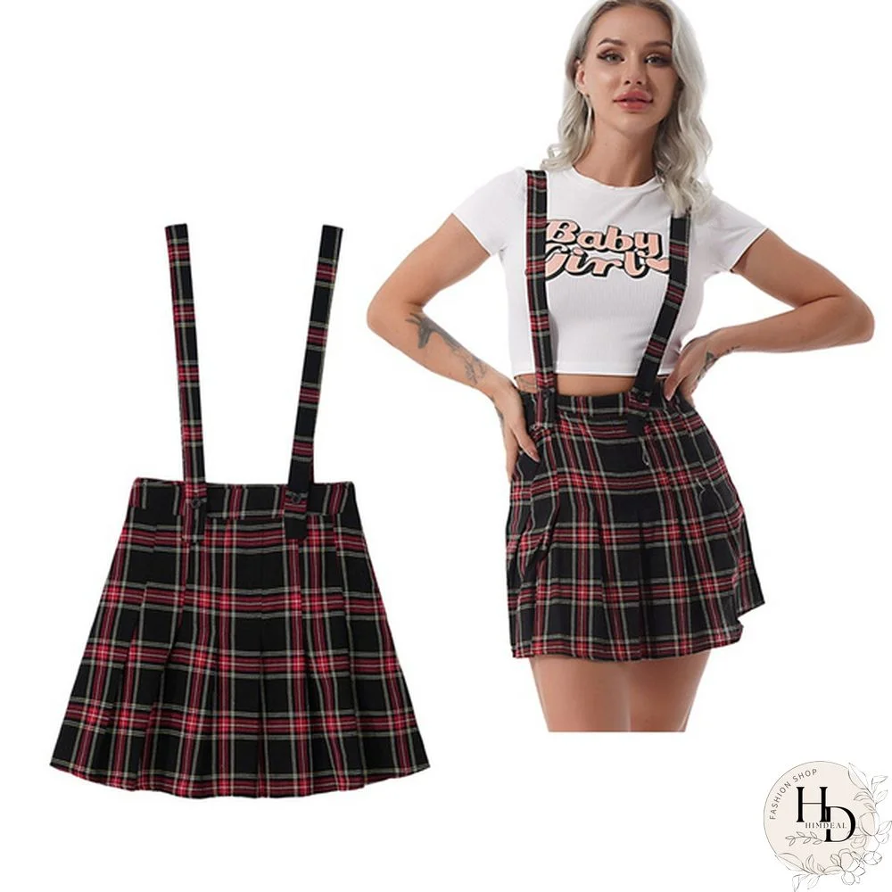 Plaid Pleated Miniskirt Women Summer Sundress Overall Vest Dress Suspender Skirt for Daily Wear Streetwear