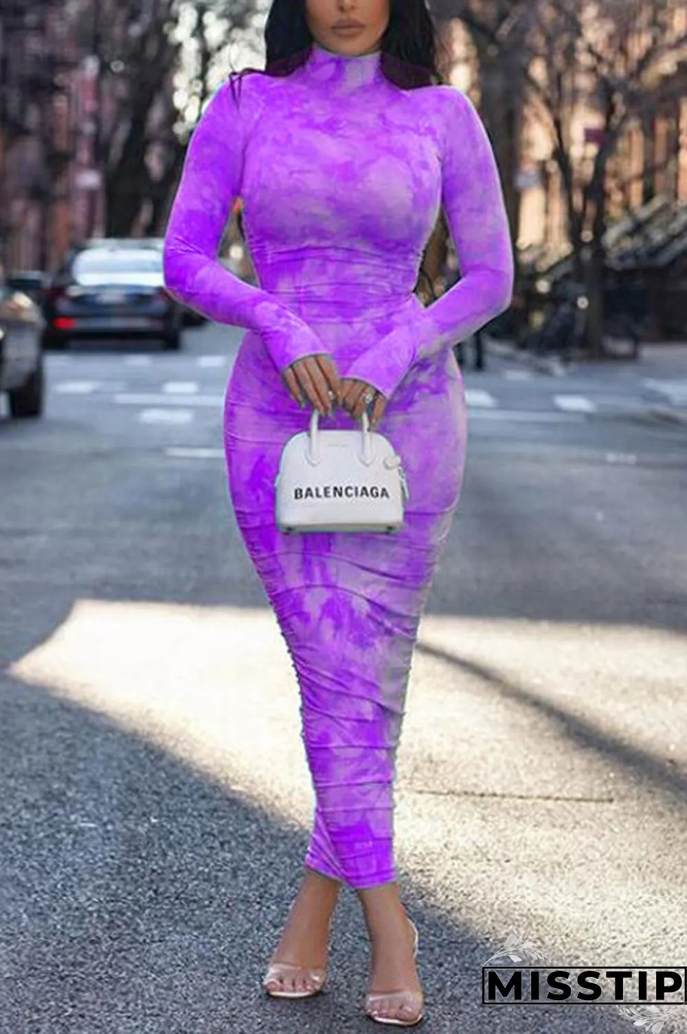Pink Fashion Sexy Print Turtleneck Dress