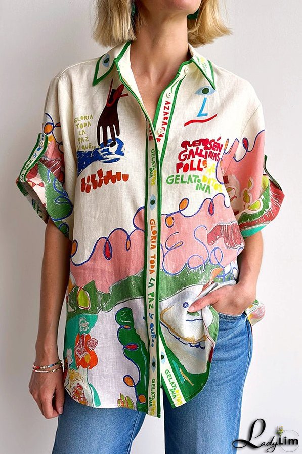 Miena Linen Blend Unique Print Short Sleeve Button Up Oversized Shirt