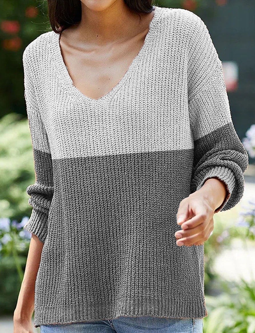 Fashion Color Matching Pattern Long-sleeved V-neck Casual Pullover - VSMEE