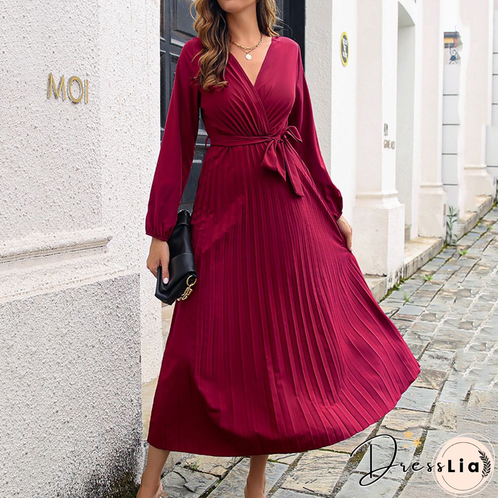 Elegant Long Sleeve Pleated Dress For Women Summer Dresses New Casual Lace-up Cross V-Neck Solid Swing Maxi Dress