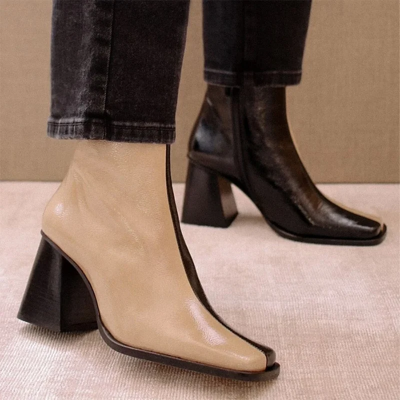 Women Shoes Mid-heel Shoes Square Toe Square Heel Side Zipper Boots Casual Mixed Color Business Formal Wear Females Ankle Boots