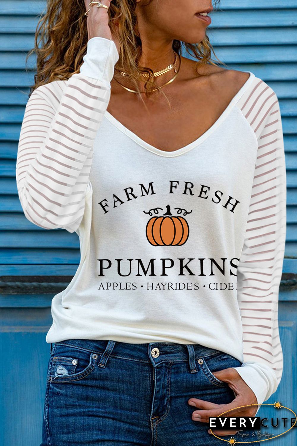White Farm Fresh Pumkin Graphic Sheer Striped Long Sleeve Top