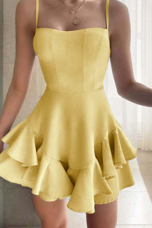 Hidais Sky Blue Spaghetti Strap Sleeveless Short Homecoming Dress With Ruffles