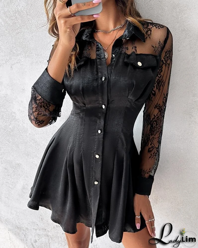 Contrast Lace Long Sleeve Button Down Shirt Dress
