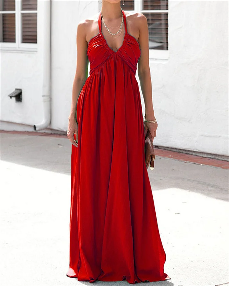 Women's Halter Neck Solid Color Holiday Dress