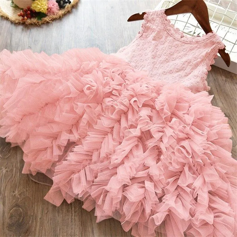 Girls Flower Mesh Princess Dress Summer Sleeveless Kids Fluffy Cake Layered Wedding Birthday Party Ball Gown Children's Clothes