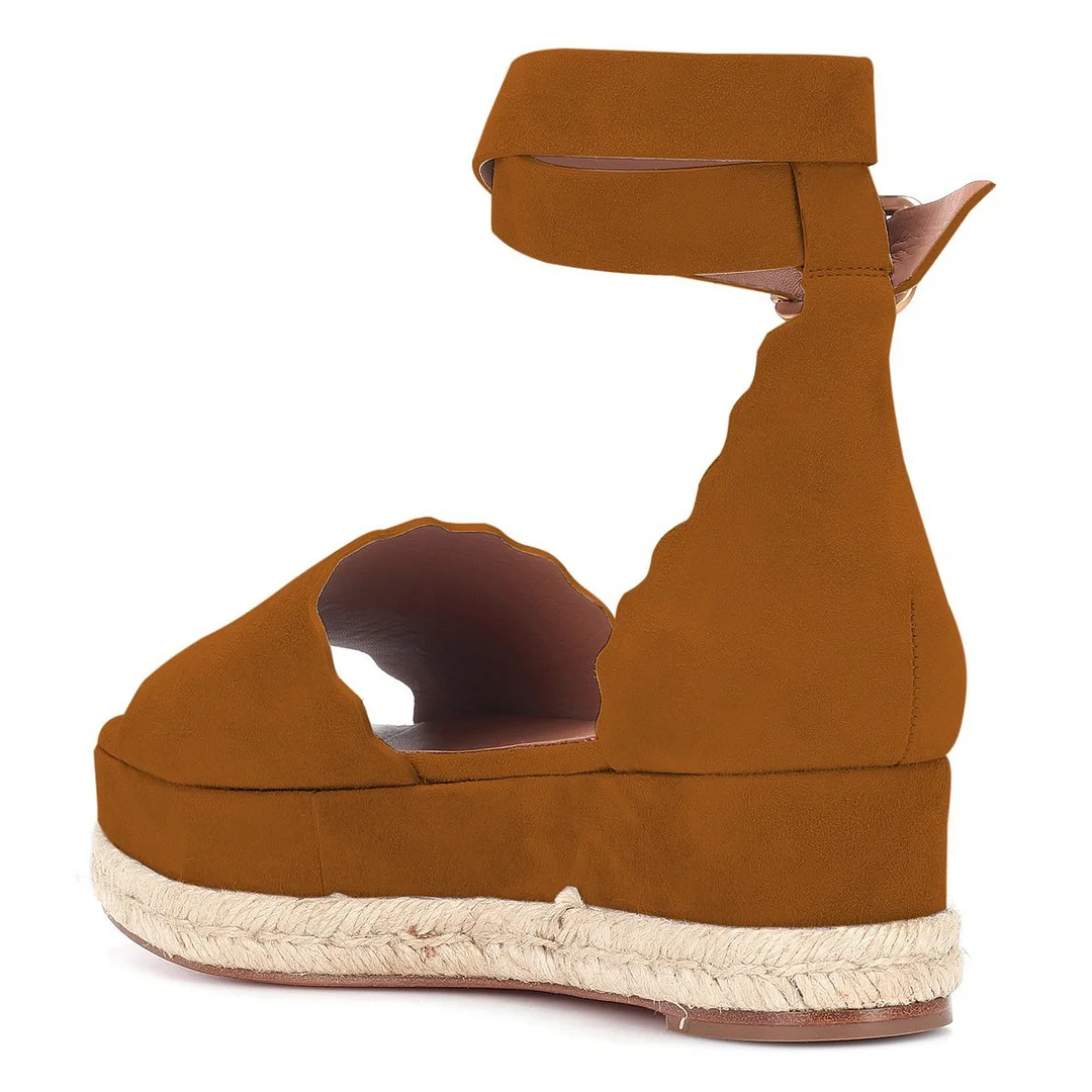 Brown Vegan Suede Open Toe Wave Edge Platform Sandals for Women