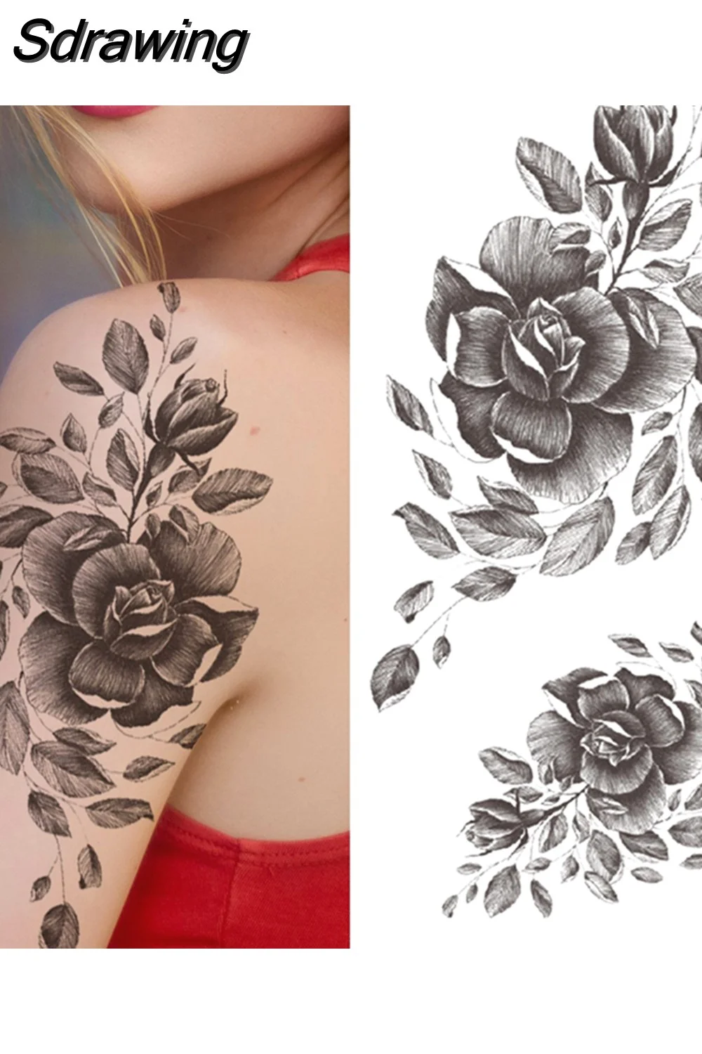 Sdrawing Fake Peony Temporary Tattoos For Women Girl Black Rose Elephant Flower Tattoo Sticker Tiger Anemone Tatoos Half Sleeve 521-1