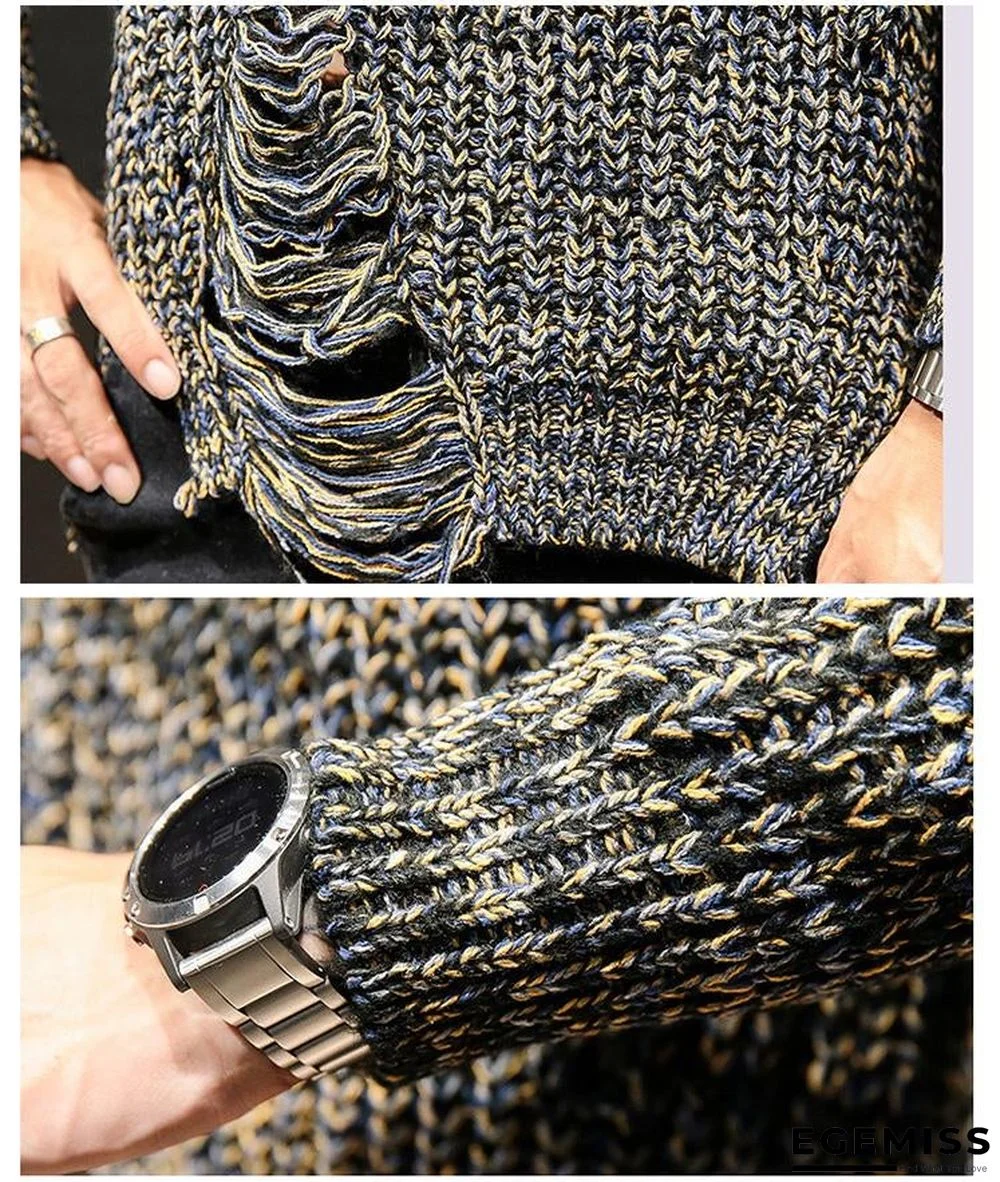 Men Ripped Hole Sweaters Pullovers Male Casual Fashion Slim Fit Large Size O Neck Knitted Sweaters Knitwear | EGEMISS