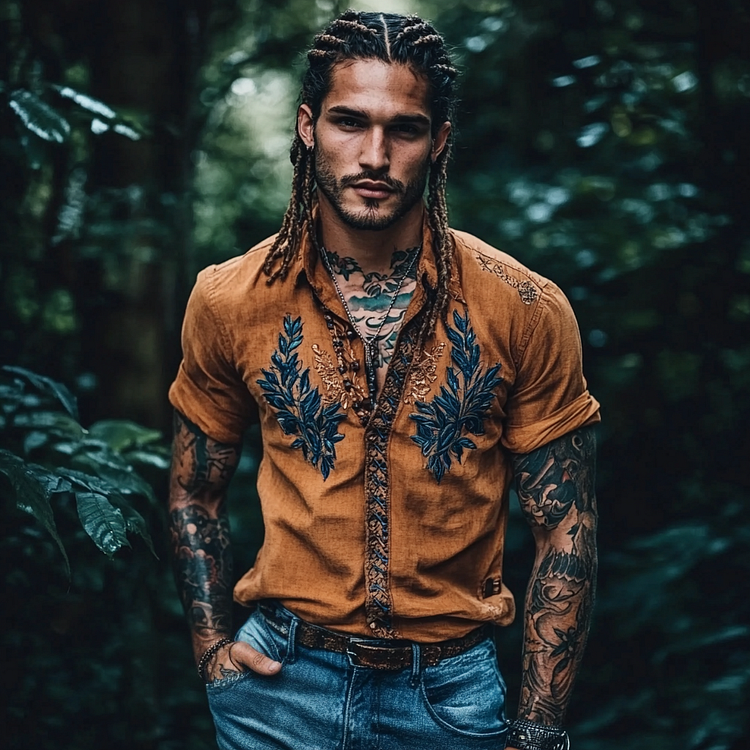 Men's Bohemian Embroidered Linen Button-down Short Sleeve Shirt