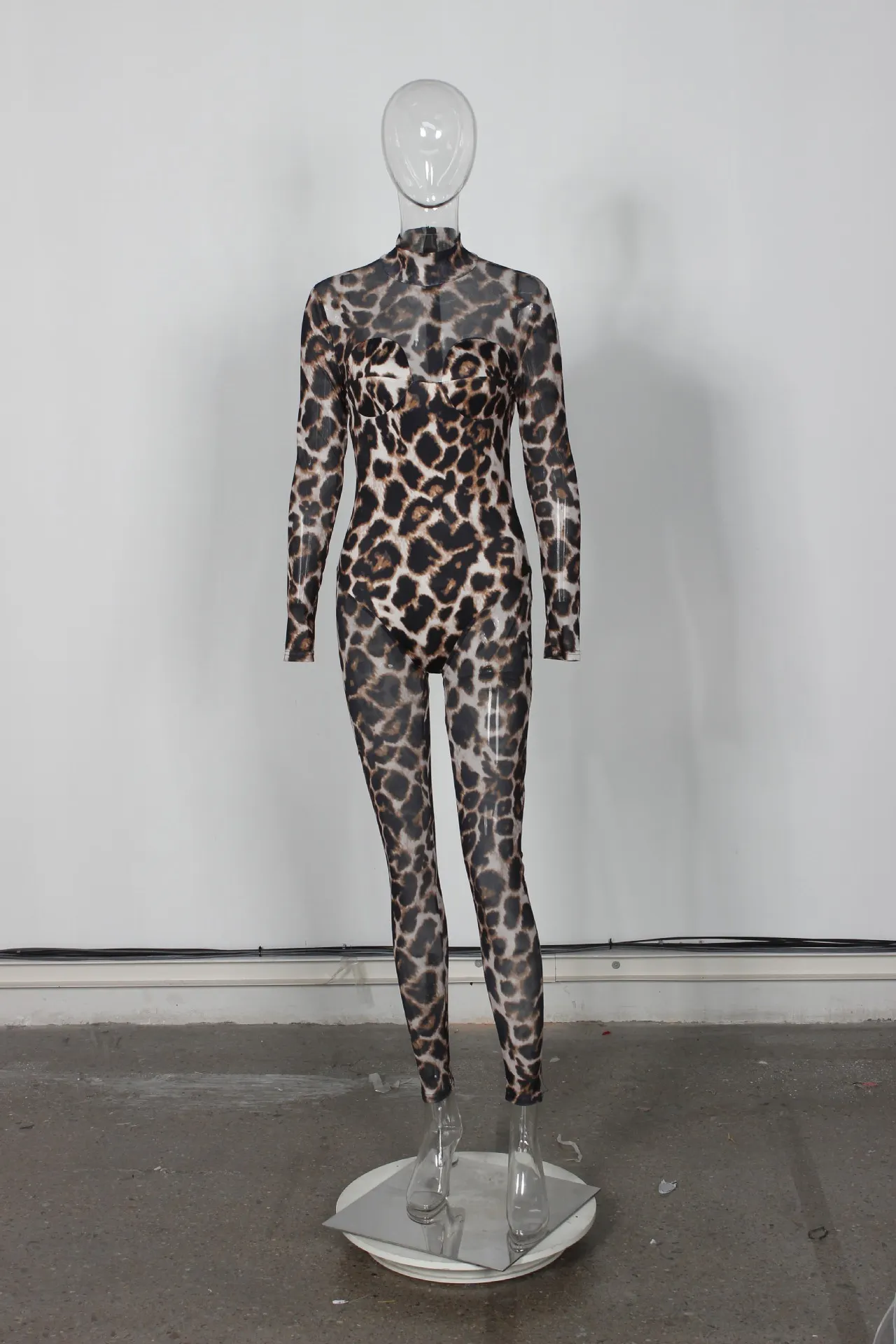 Autumn Slim Sexy Mesh See through Leopard Print Stretch Jumpsuit