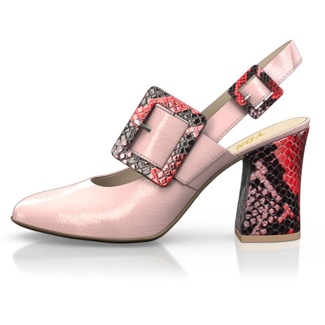 Pink Round Toe Chunky Heel Snakeskin Embossed Buckle Slingback Pumps