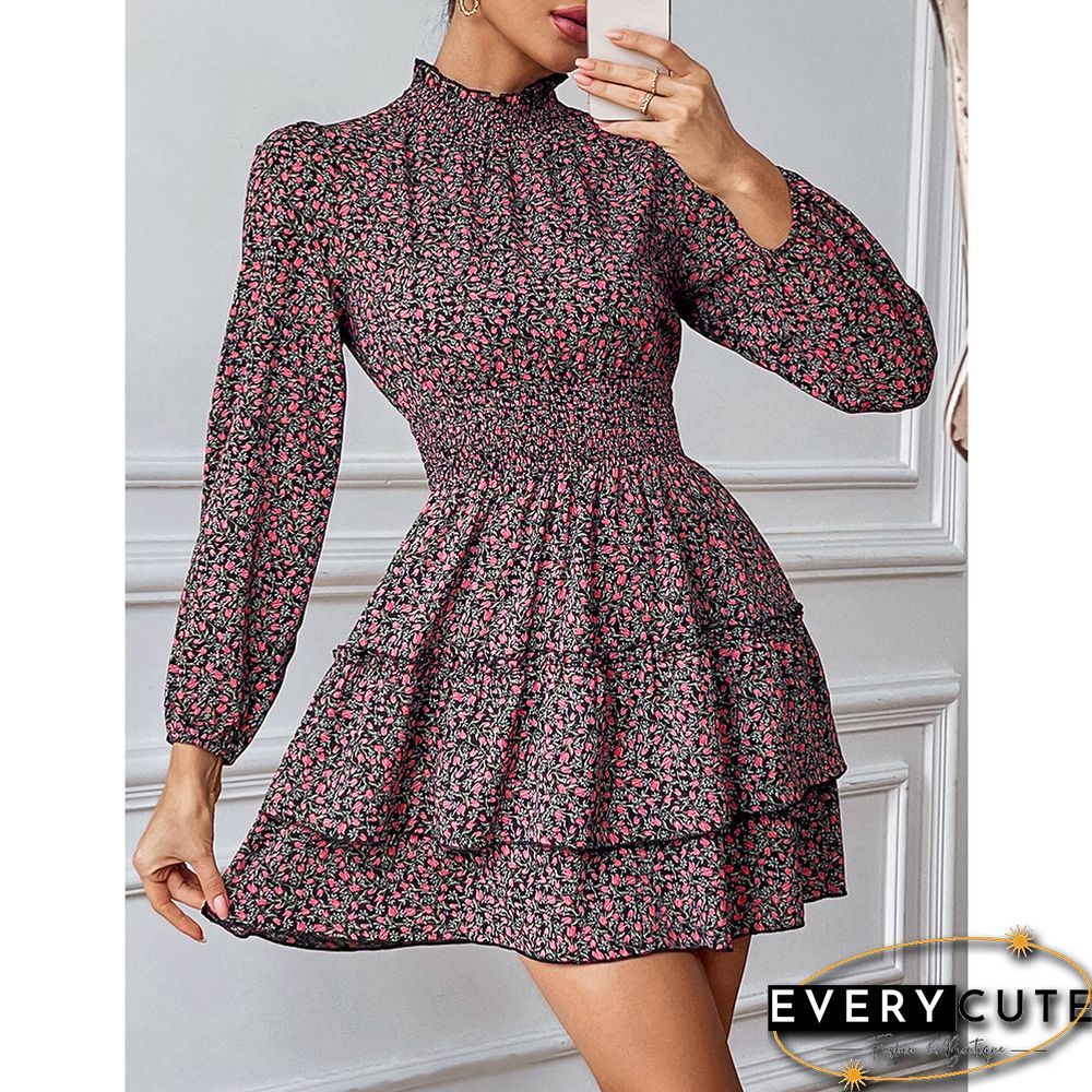 Red Layered Frilled Neck Mini Floral Dress