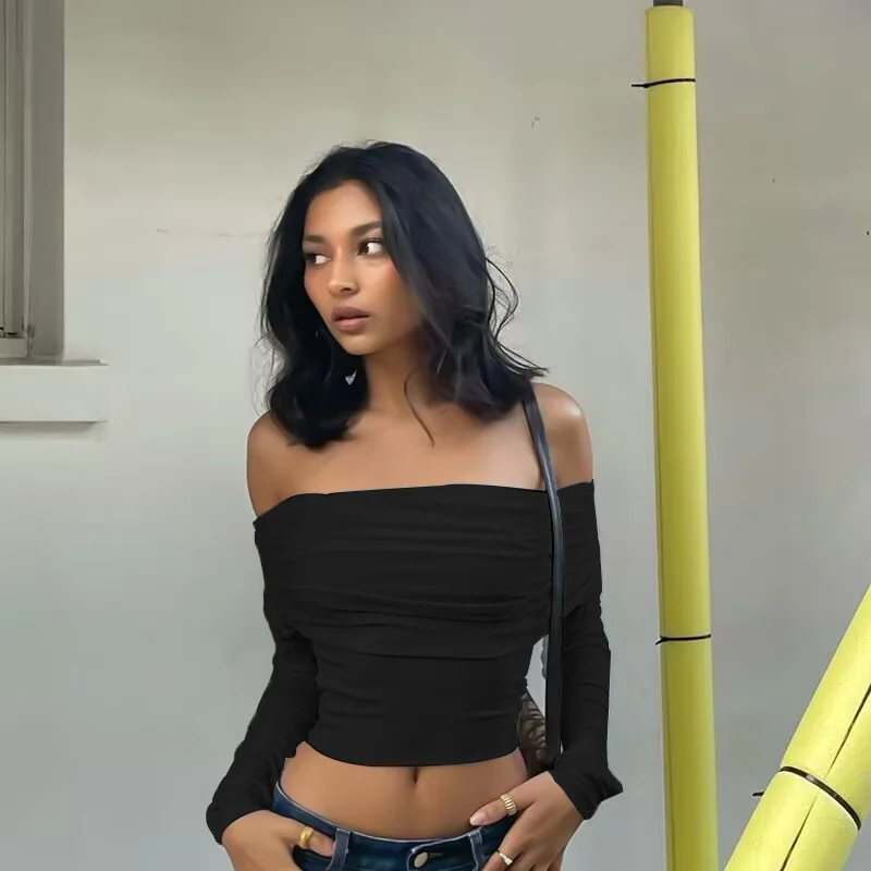 Uveng Uveng 2023 New Sexy Hot Girl One-Line Shoulder Slim And Versatile Long-Sleeved T-Shirt Top