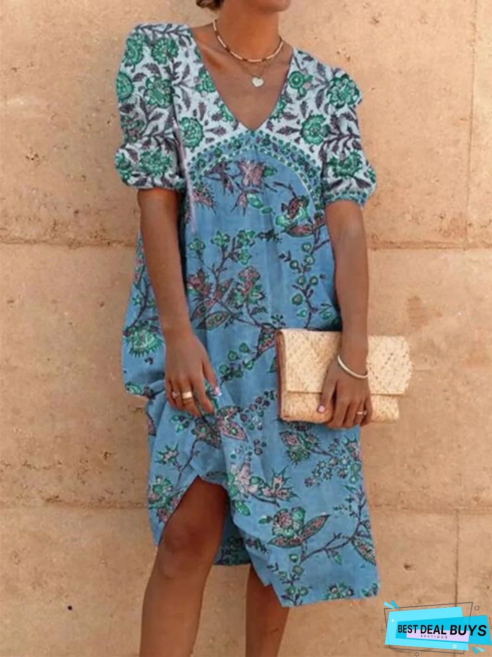 Loose V-neck Retro Printed Casual Dress