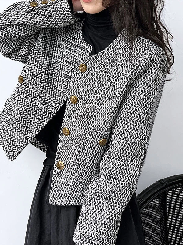 Buttoned Geometric Weave Long Sleeves Loose Round-Neck Outerwear