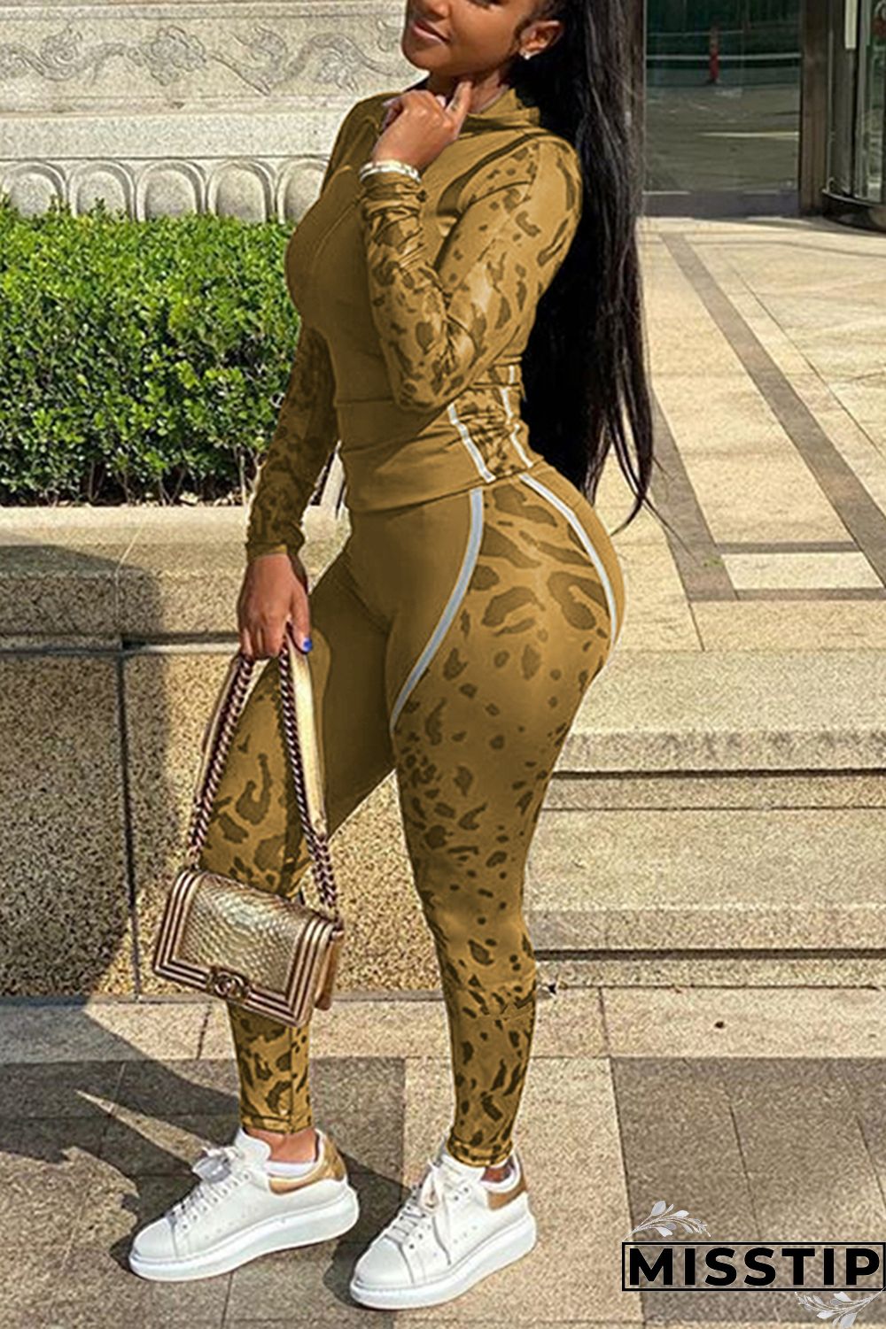 Fluorescent green Fashion Sports Camouflage Print Hooded Long Sleeve Two-Piece Suit