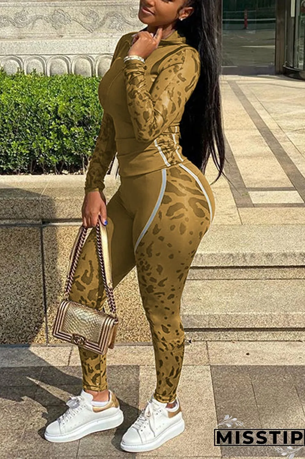 Fluorescent green Fashion Sports Camouflage Print Hooded Long Sleeve Two-Piece Suit