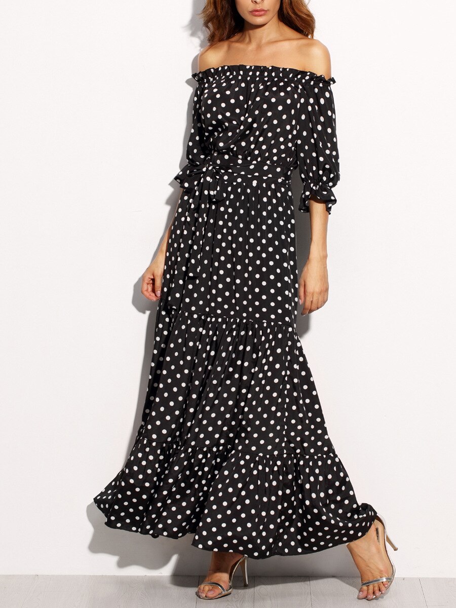 Vintage Black Backless Dot Long Beach Dress