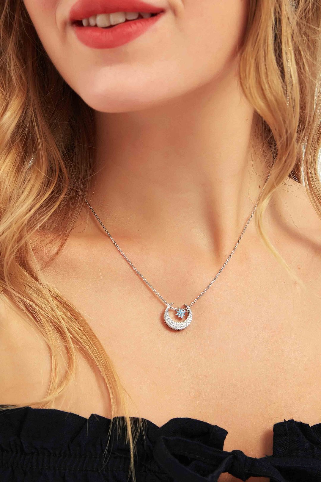 Silver Crescent Moon and Blue Star Variable Necklace