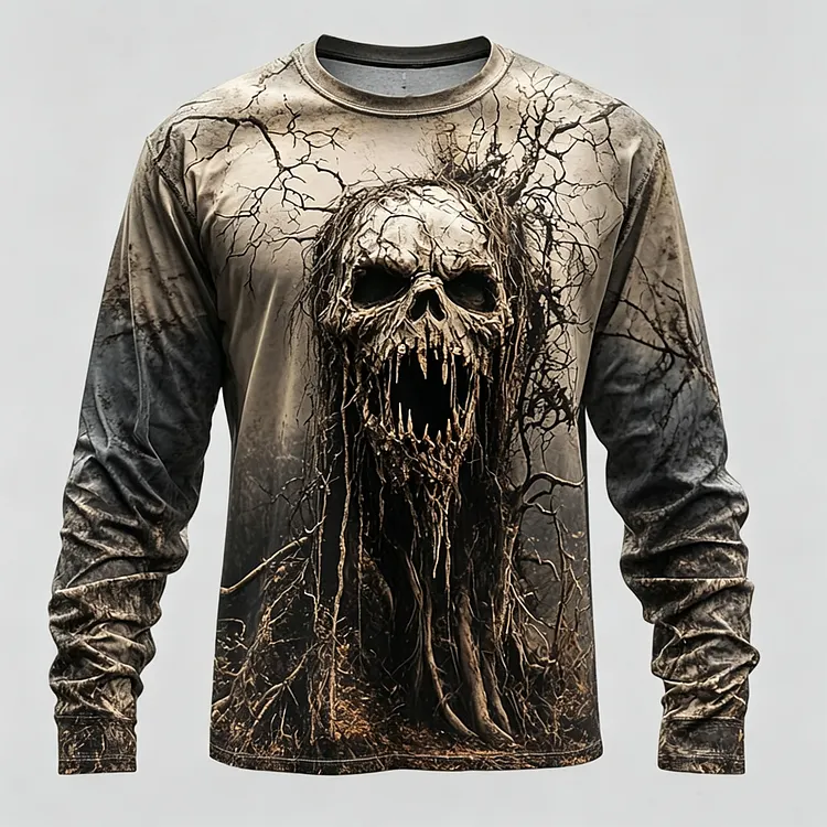 Men's Vintage Halloween Skull Print Crew Neck Long Sleeve T-shirt