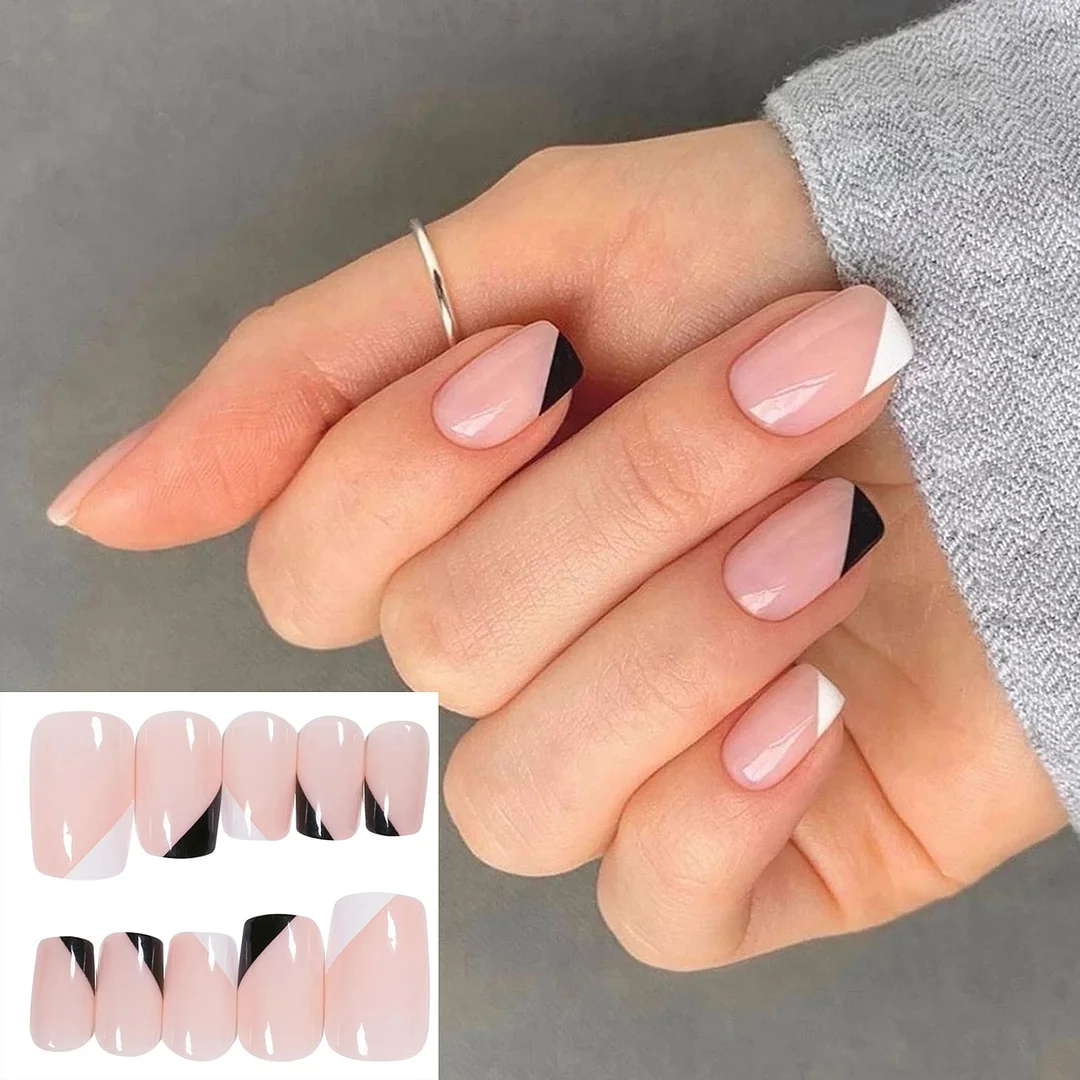 Short Nail with Design Nude Pink Color Square Head Full Cover Nail Art Tips Women Nail Decorative Christmas Press On Nail Tips-Nail Inspo
