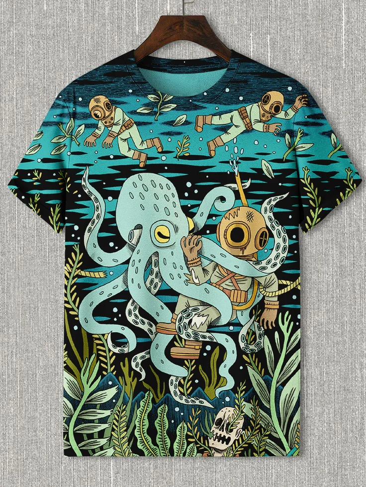 Men's Hawaiian Octopus And Diver Print T-Shirt