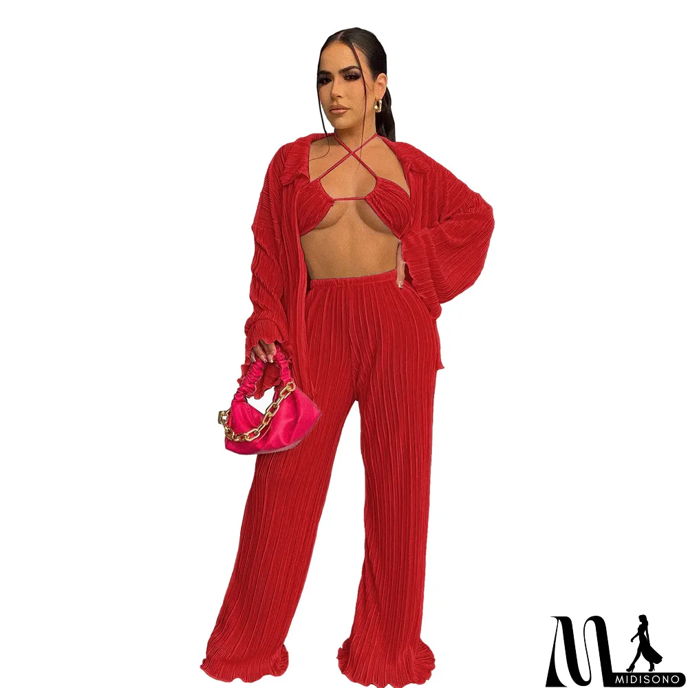 MidiSono - Fall Solid Color Wide Leg Pants Three-Piece Set