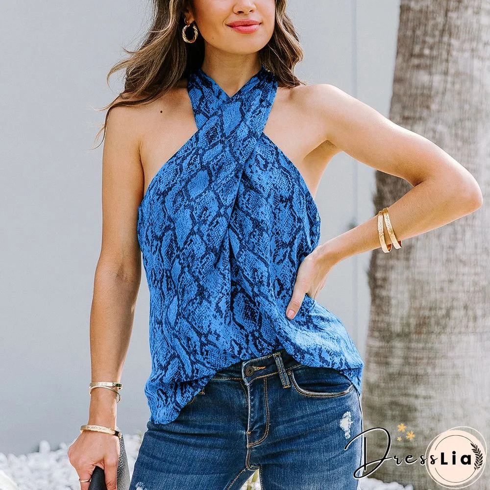 Casual Stylish Summer Women Tops Snake Print Sleeveless Off Shoulder Halter T-Shirt Plus Size Ladies Fashionable Camisole