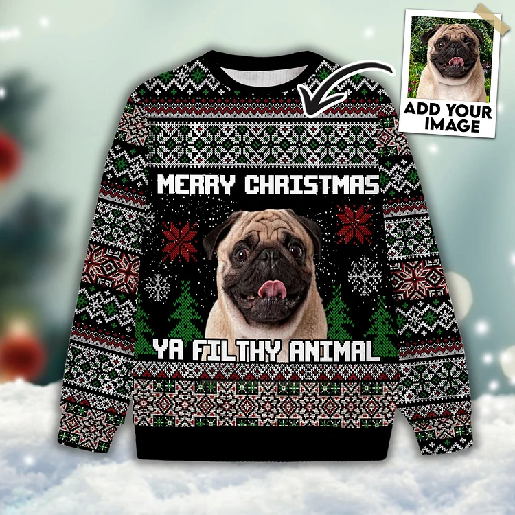 Custom Pet Unisex Sweater All Over Print Merry Christmas Ya Filthy Animal Black Color