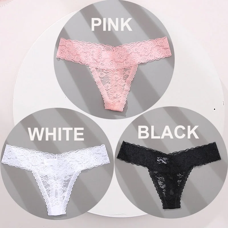 FINETOO 3PCS/Set M-XL G-string Thong Panties for Woman Sexy Lace Floral Underwear Transparent Women's Underpants Female Lingerie