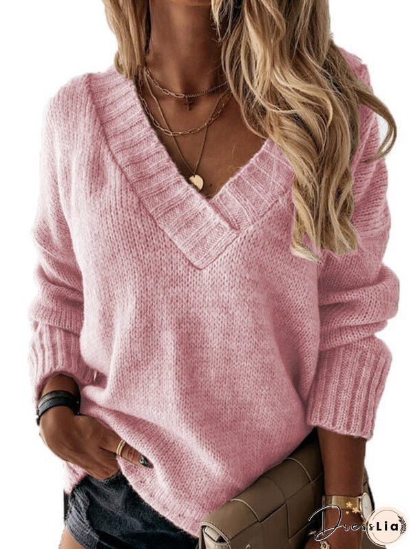 Women's Sweaters Solid V-Neck Long Sleeve Knit Sweater