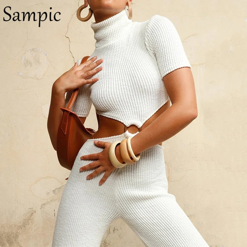 Sampic Sexy Club Women Cotton Skinny Turtleneck Hollow Out Jumpsuits Autumn Winter Female Overalls Long Romper Bodysuit Fashion
