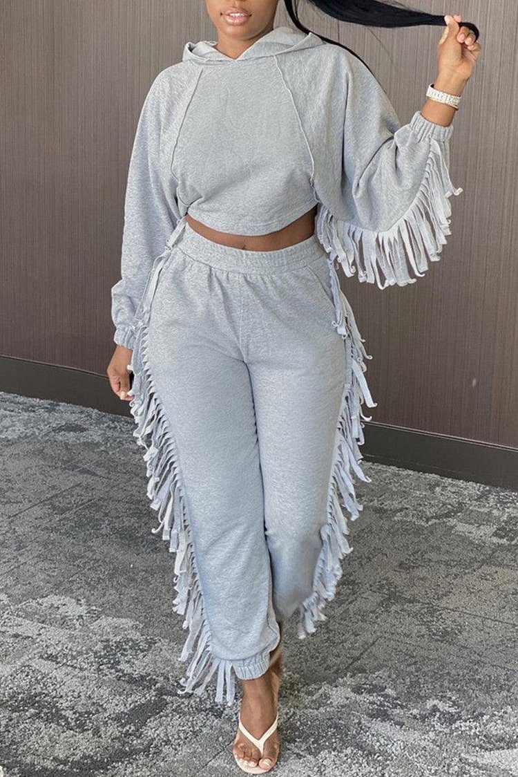 Xpluswear Plus Size Casual Grey Hoodie Fringe Long Sleeves Trousers Two Pieces Pant Sets [Pre-Order]