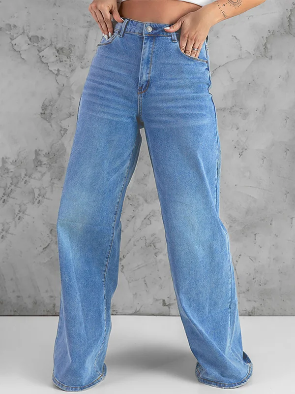 Sky Blue Vintage Wash Casual Wide Leg Jeans Flusfy
