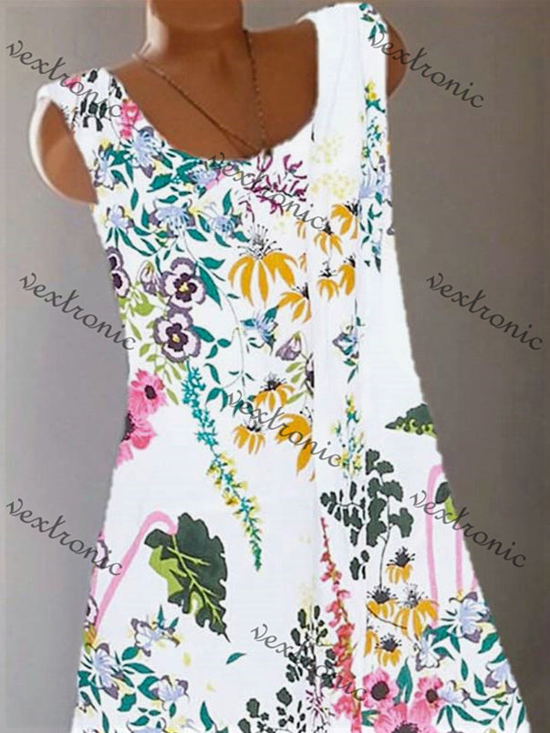 Women's Sleeveless Scoop Neck White Floral Printed Midi Dress