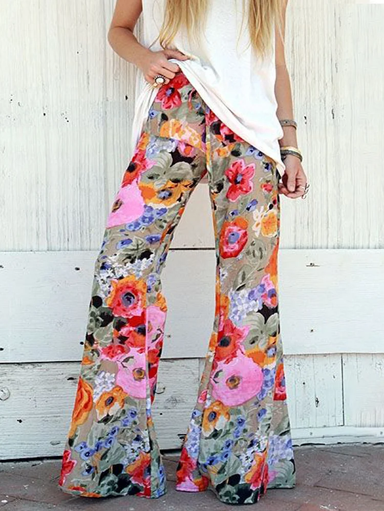 Daily Floral Allover Pattern Wide Leg Loose Pants