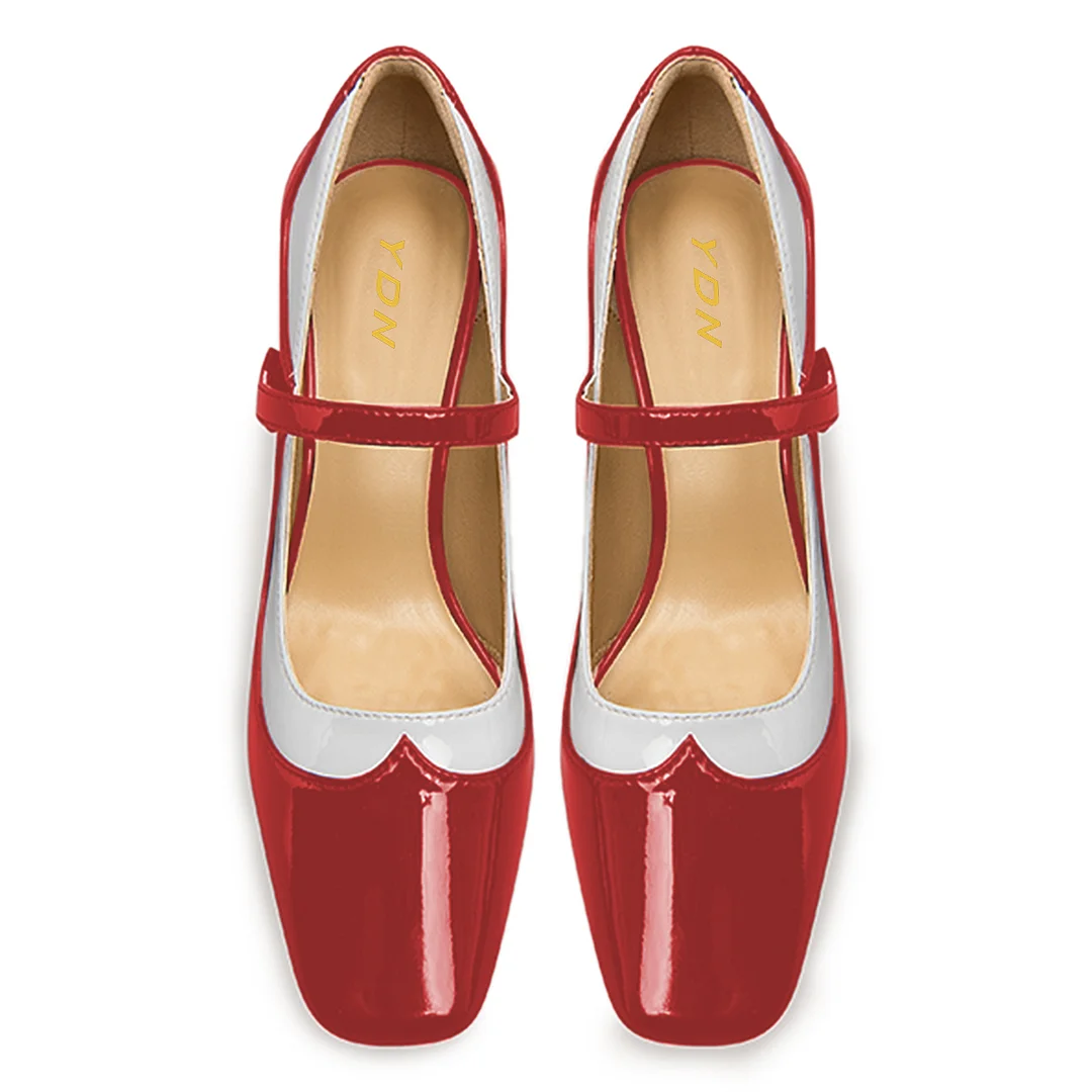 Red & White Patent Leather Square Toe Mary Jane Pumps with Buckle