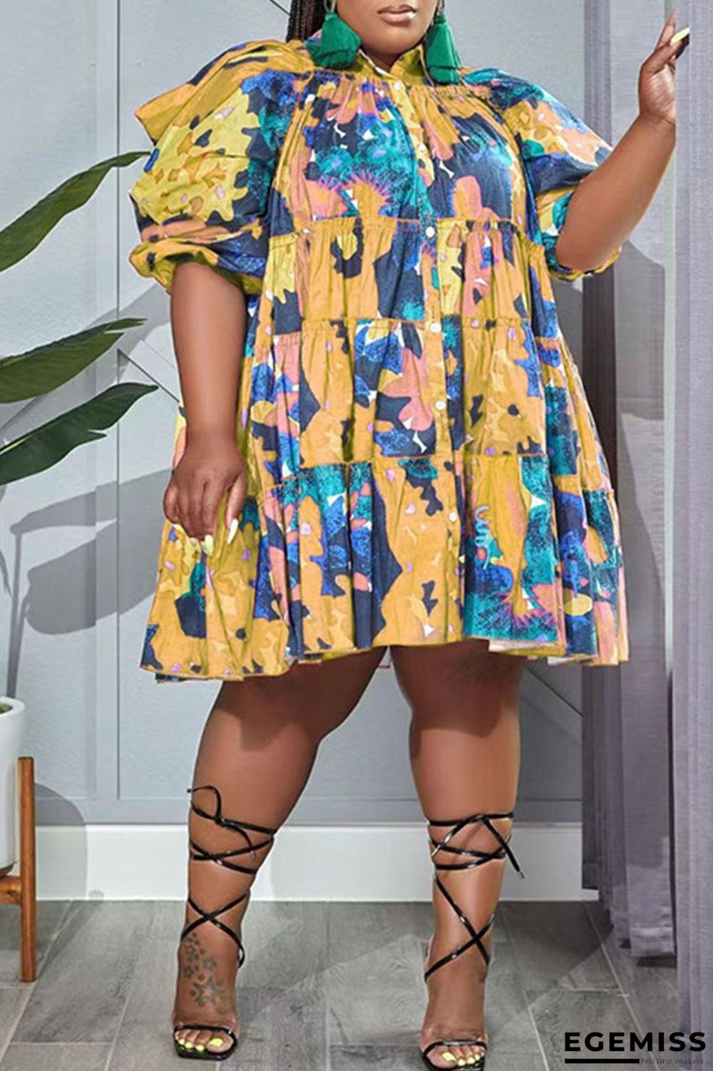 Yellow Casual Print Graffiti Patchwork Buckle Turndown Collar A Line Plus Size Dresses | EGEMISS