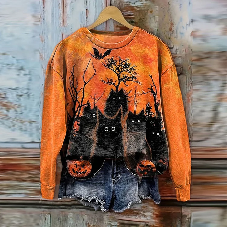 VChics Halloween Black Cat Print Casual Sweatshirt